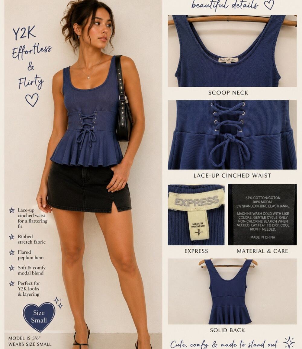 Y2K Indie Sleaze 2000s Express Lace-Up Peplum Tank Top Size S Navy Blue Ribbed